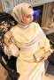 Stone Collar Detailed Balloon Sleeve Satin Evening Dress - 5