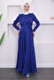 Cobalt Blue Belted Front Pleated Evening Dress - 7