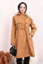 Tan Collar Detailed Hooded Coat