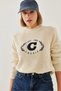 Women's Ecru Navy Blue Crew Neck Embroidered Thessaloniki Knitwear Sweater 20247528 - 6