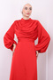 Red Collar Detailed Balloon Sleeve Satin Evening Dress - 3