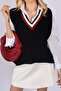 Dark Navy Blue V-Neck Striped Women's Sweater - 4