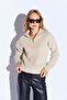 Cotton Soft Texture Zippered Half Fisherman Collar Women's Sweater Stone |   Mkw539429-01 - 6