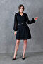 Chiffon Sleeve Design Double Breasted Neckline Button Detail Black Mini Dress with Belt 25K2393 - 7
