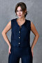 Navy Blue Lined Wool Effect Fabric Vest and Wide Leg High Waist Pants Two-Piece Set 9111 - 5