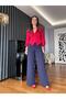 Navy Blue Elastic Waist Crepe Trousers