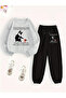 Printed Casual Tracksuit Set for Women Gray Round Neck Sweatshirt Black Pants