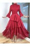 Red Chiffon Tiered Skirt Tulle Sleeve Pleated Dress