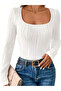 Elastane White Blouse High Waist Long Sleeve Square Collar Knitted Fabric Spring Autumn Winter Blouse - 3