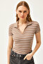 Women's Striped Mink Polo Collar Knitted Blouse - 4