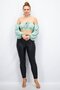 Women Off Shoulder Puffed Sleeves Textured Crop Top ,Sage Green - 4