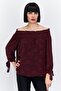 Women Off Shoulder Long Sleeve Floral Jacquard Blouse, Maroon