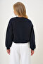 Women's Black Crew Neck Sleeve and Collar Print Detailed Three Thread Raised Sweatshirt Alc-X13178 - 5