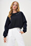 Women's Black Crew Neck Sleeve and Collar Print Detailed Three Thread Raised Sweatshirt Alc-X13178 - 4