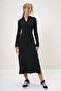 Women's Black Polo Neck Half Placket Side Slit Interlock Fabric Dress Alc-X13121 - 2