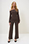 Women's Brown Boat Neck Side Draped Interlock Fabric Blouse and Trousers Set Alc-X13076 - 3