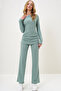 Women's Mint Boat Neck Side Draped Interlock Fabric Blouse and Trousers Set Alc-X13076 - 3