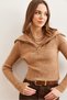 Women's Camel Stand Collar Zip Crop Knitwear Sweater Kzk- 19000880 - 3