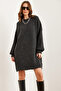 Women's Anthracite Crew Neck Balloon Sleeve Soft Textured Knitwear Tunic Dress Elb- 19001802 - 3