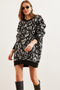 Women's Black Raised Oversize Leopard Tunic Dress Elb- 19002298