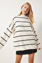 Women's Cream Striped Oversized Long Knit Sweater YY00087 - 3