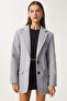 Women's Gray Leather Detailed Winter Blazer Jacket Fn03405 - 4