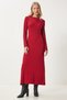 Women's Red Belted Ribbed Long Knitwear Dress Ki̇00108 - 3