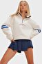 Women's White Zippered Striped 3 Thread Ribbed Sweatshirt ALC-X10961 - 2