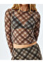 Long Sleeve Sheer Tulle Plaid Crop T-Shirt - 5