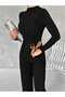 High Collar Front Triangle Cut Drawstring Long Sleeve Top Elastic Waist Pocketed Palazzo Trousers Sandy Set - 3