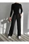 High Collar Front Triangle Cut Drawstring Long Sleeve Top Elastic Waist Pocketed Palazzo Trousers Sandy Set - 7