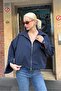 Navy Blue Zippered Women's Oversize Jacket with Pocket Detail Mg2188