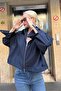 Navy Blue Zippered Women's Oversize Jacket with Pocket Detail Mg2188 - 3