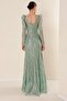 V-Neck Long Sleeve Lined Large Size Spaced Silvery Flock Printed Long Dress - 5