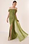 Front Gathered Low Sleeve Lined Silvery Long Dress - 3