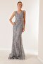 V-Neck Lined Glittery Flock Print Long Dress - 2