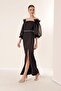 Square Neck Sleeves Organza Front Slit Long Dress with Waist Belt - 3