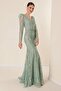 V-Neck Long Sleeve Lined Large Size Spaced Silvery Flock Printed Long Dress