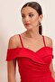 String Straps Madonna Neck Side Drawstring Long Crepe Dress - 4