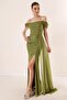 Front Gathered Low Sleeve Lined Silvery Long Dress