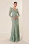 V-Neck Long Sleeve Lined Large Size Spaced Silvery Flock Printed Long Dress - 3
