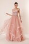 Bead Embroidered Sheer Layered Tulle Taffeta Long Evening Dress