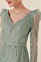 V-Neck Long Sleeve Lined Large Size Spaced Silvery Flock Printed Long Dress - 4