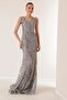 V-Neck Lined Glittery Flock Print Long Dress