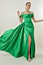 Stone Detailed Thin Straps Low Sleeve Lined Long Satin Dress - 3