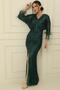 V-neck Bat Sleeve Ends Feathered Lining Pleated Front Slit Sequin Long Dress