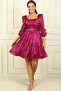 Women's Square Neck Long Sleeve Waist Belt Pleated Organza Short Dress