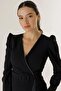 Double Breasted Collar Shoulders Padded Waist Belt Lined Tassel Crepe Dress - 4
