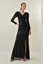 Double Breasted Neck Front Draped Lined Sequined Long Dress - 3