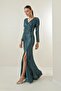 Double Breasted Neck Front Draped Lined Sequined Long Dress